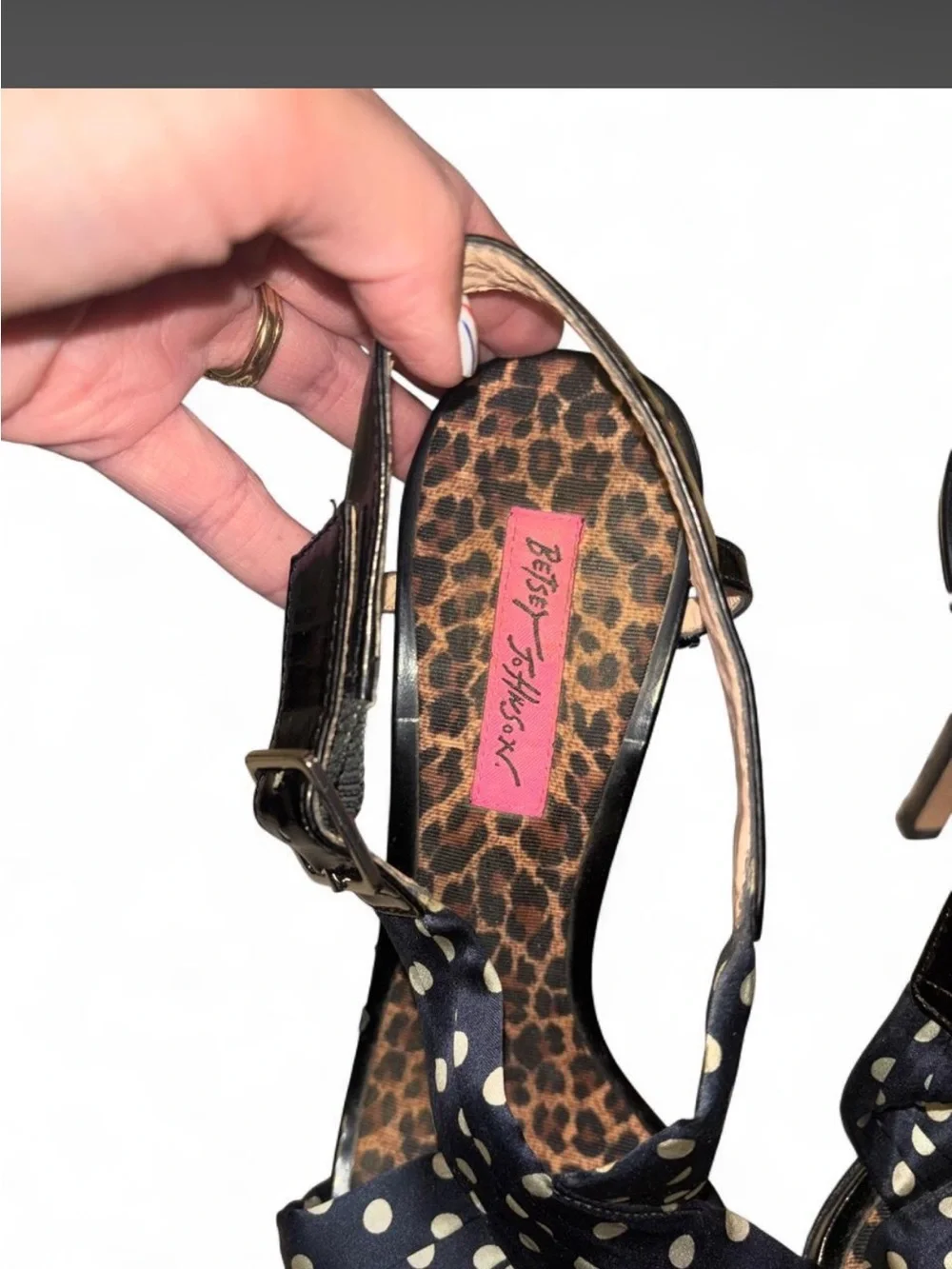 Betsey Johnson Navy Polka Dot Slingback Heels with Leopard Insole